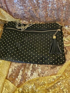 Black Studded Shoulder Bag with Gold Chain and Tassel